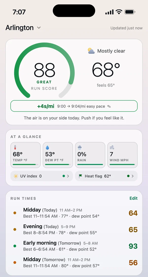 ArcPace Today: run score 88, Great, plus 4 seconds per mile on a 9:00 easy pace, and the best hour in each of your run times