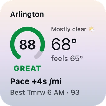 Small widget: run score 88, Great, pace +4s/mi, best tomorrow at 6 AM, 93